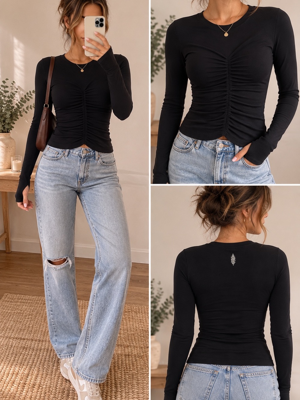 Free People Movement Black Ruched Long Sleeve Top | NWT